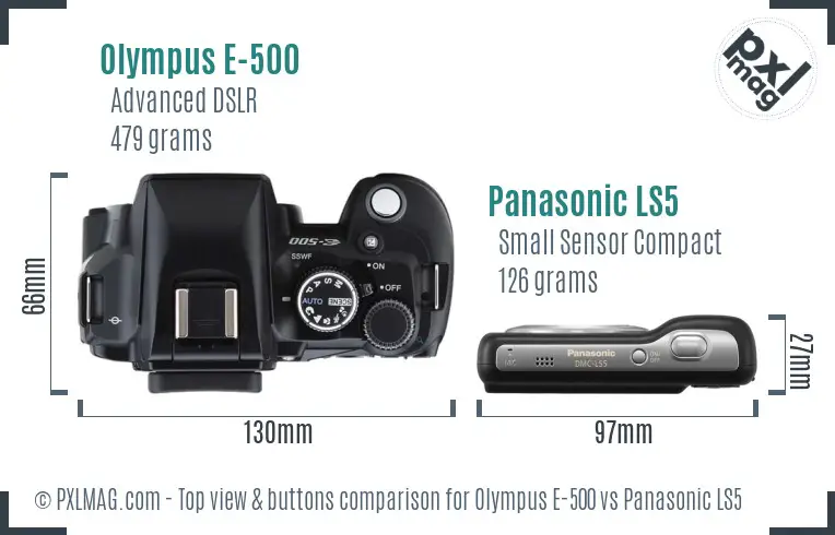 Olympus E-500 vs Panasonic LS5 top view buttons comparison