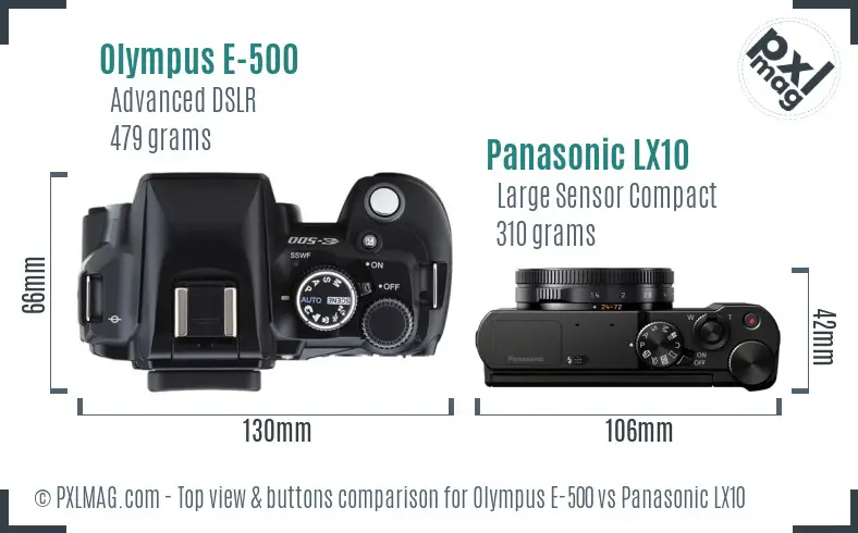 Olympus E-500 vs Panasonic LX10 top view buttons comparison