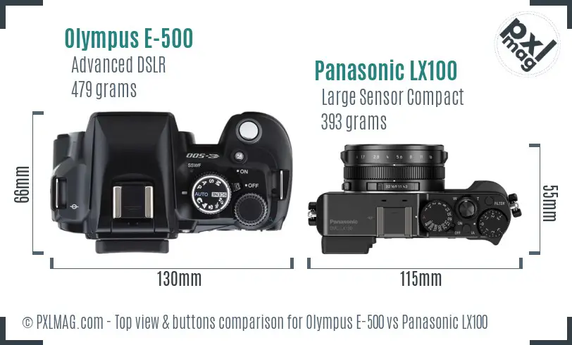 Olympus E-500 vs Panasonic LX100 top view buttons comparison