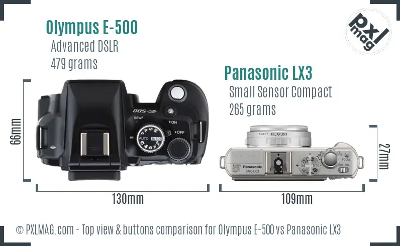 Olympus E-500 vs Panasonic LX3 top view buttons comparison
