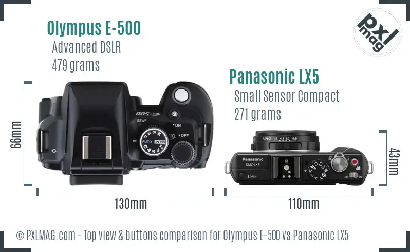 Olympus E-500 vs Panasonic LX5 top view buttons comparison