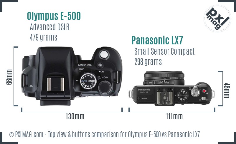 Olympus E-500 vs Panasonic LX7 top view buttons comparison