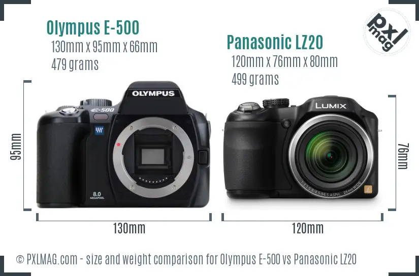 Olympus E-500 vs Panasonic LZ20 size comparison