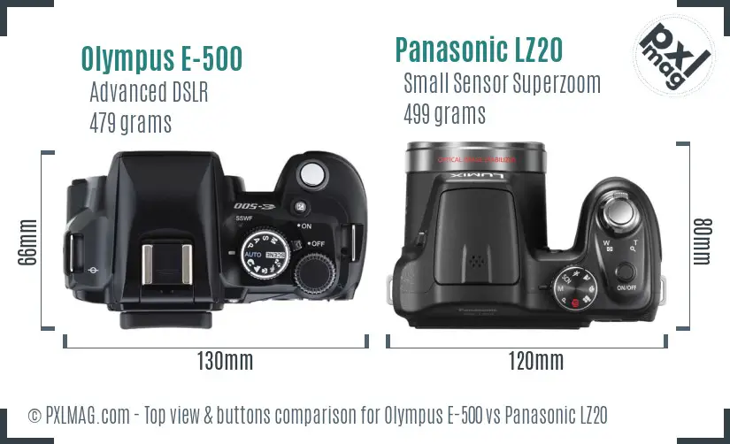 Olympus E-500 vs Panasonic LZ20 top view buttons comparison