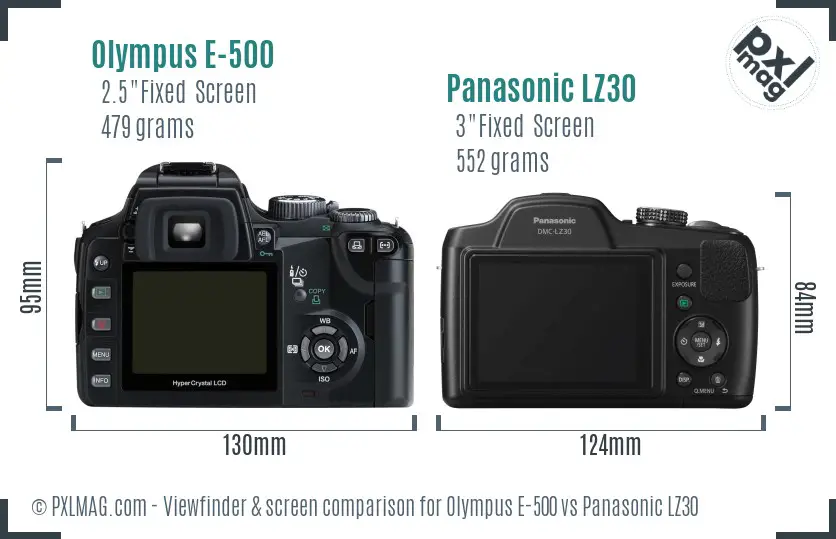 Olympus E-500 vs Panasonic LZ30 Screen and Viewfinder comparison