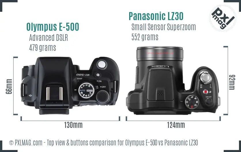 Olympus E-500 vs Panasonic LZ30 top view buttons comparison