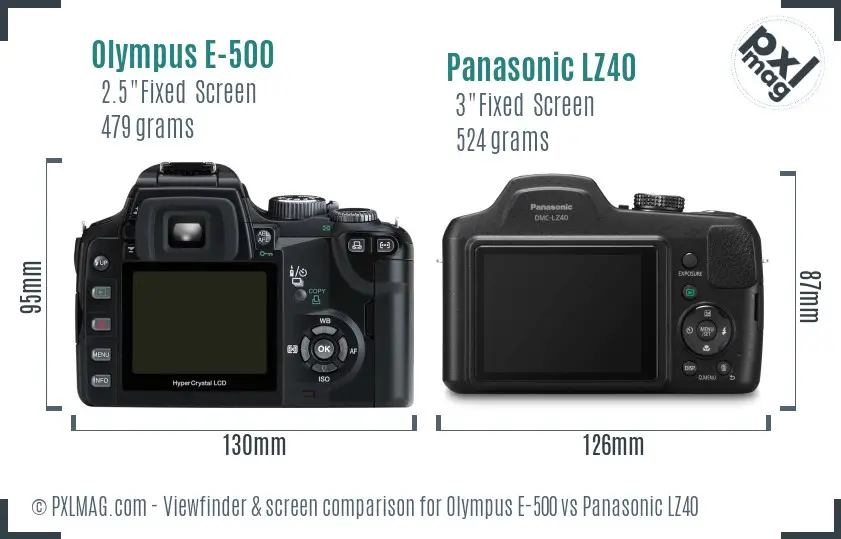 Olympus E-500 vs Panasonic LZ40 Screen and Viewfinder comparison
