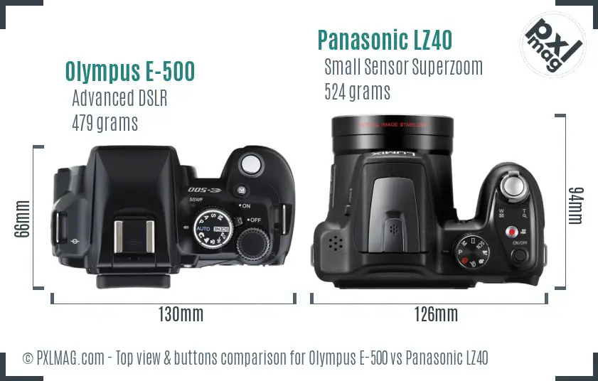 Olympus E-500 vs Panasonic LZ40 top view buttons comparison