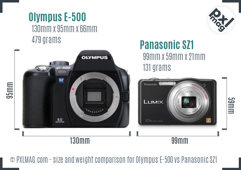 Olympus E-500 vs Panasonic SZ1 size comparison