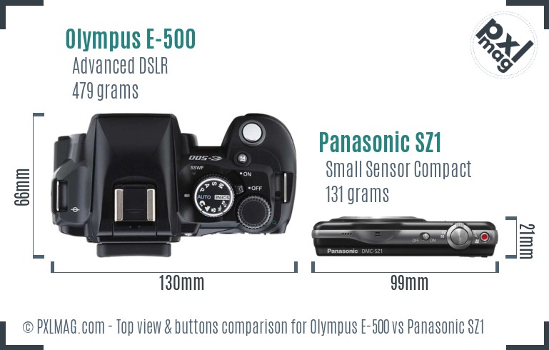 Olympus E-500 vs Panasonic SZ1 top view buttons comparison