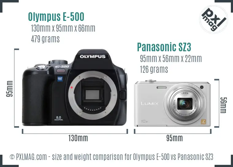 Olympus E-500 vs Panasonic SZ3 size comparison