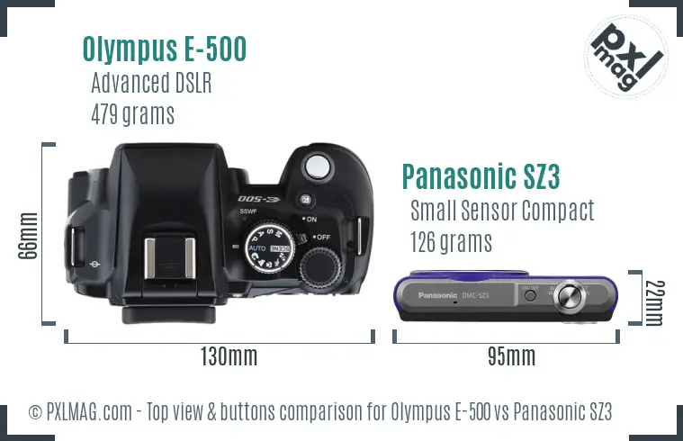 Olympus E-500 vs Panasonic SZ3 top view buttons comparison