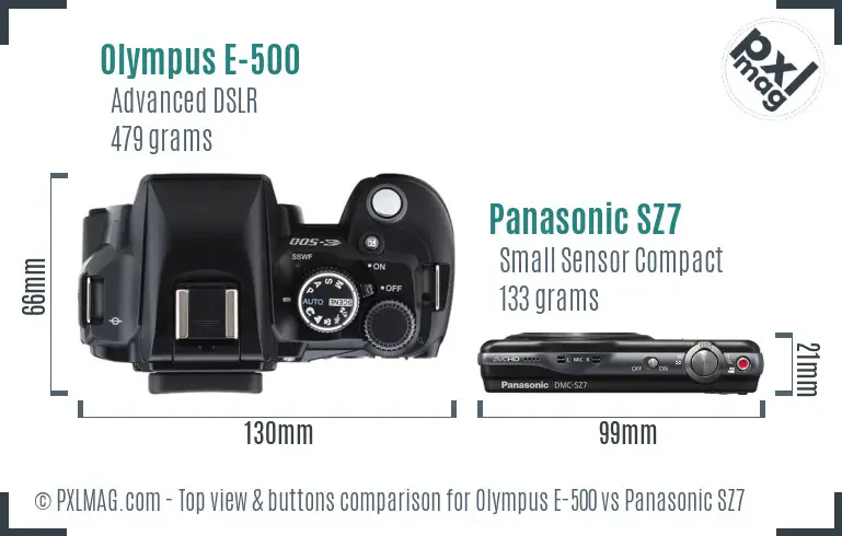 Olympus E-500 vs Panasonic SZ7 top view buttons comparison