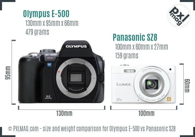 Olympus E-500 vs Panasonic SZ8 size comparison
