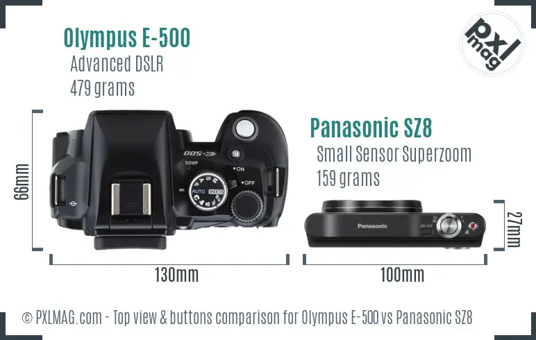 Olympus E-500 vs Panasonic SZ8 top view buttons comparison