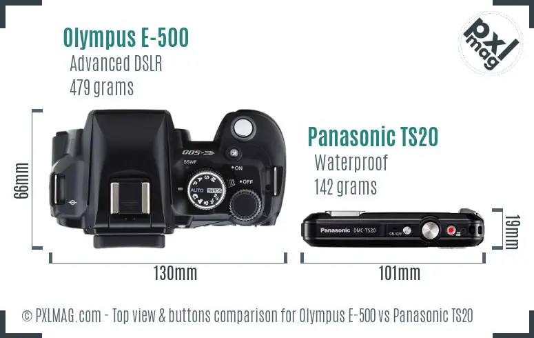 Olympus E-500 vs Panasonic TS20 top view buttons comparison