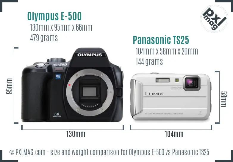 Olympus E-500 vs Panasonic TS25 size comparison