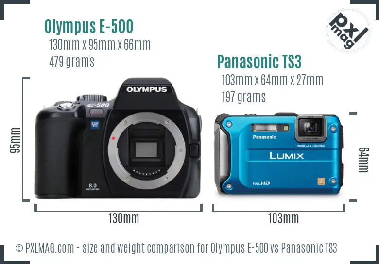 Olympus E-500 vs Panasonic TS3 size comparison