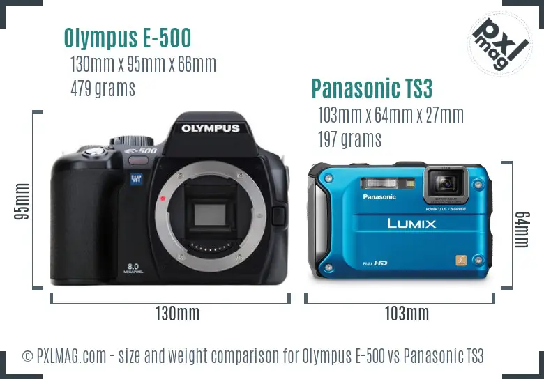 Olympus E-500 vs Panasonic TS3 size comparison Olympus E-500 vs Panasonic TS3 size comparison