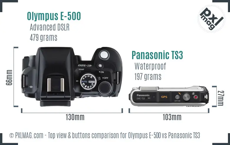 Olympus E-500 vs Panasonic TS3 top view buttons comparison