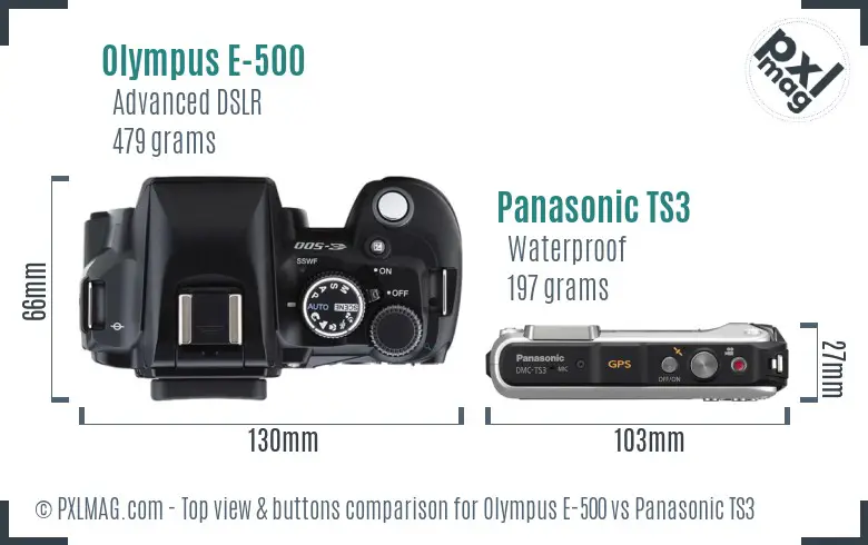 Olympus E-500 vs Panasonic TS3 top view buttons comparison Olympus E-500 vs Panasonic TS3 top view buttons comparison