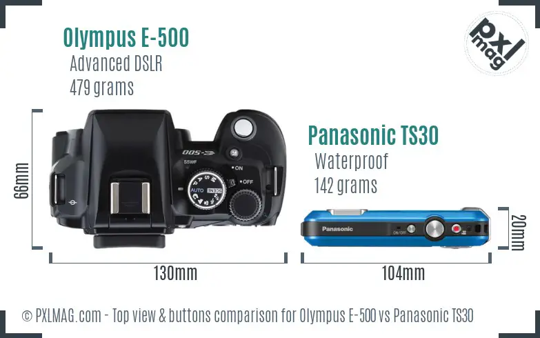 Olympus E-500 vs Panasonic TS30 top view buttons comparison