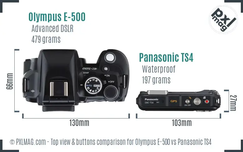 Olympus E-500 vs Panasonic TS4 top view buttons comparison