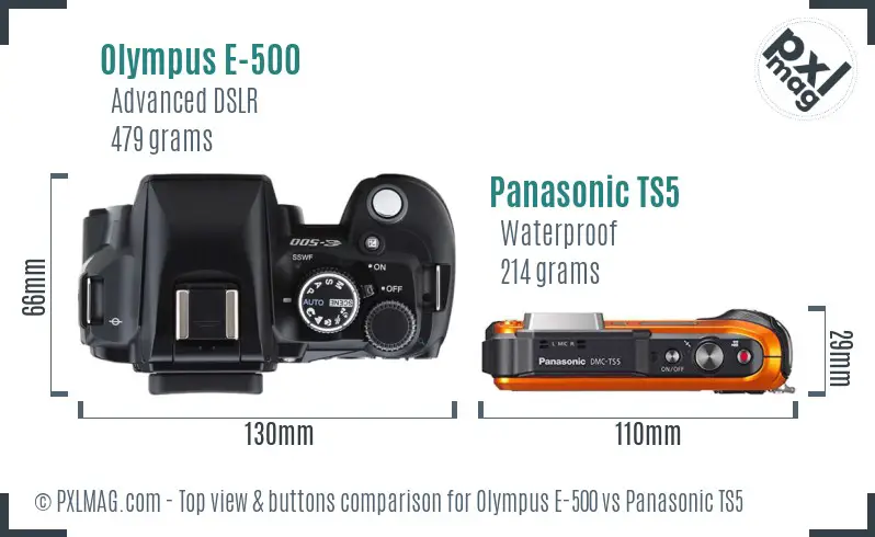 Olympus E-500 vs Panasonic TS5 top view buttons comparison