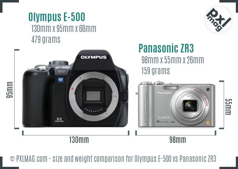 Olympus E-500 vs Panasonic ZR3 size comparison