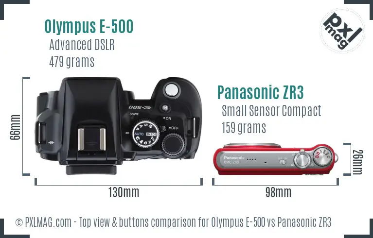 Olympus E-500 vs Panasonic ZR3 top view buttons comparison