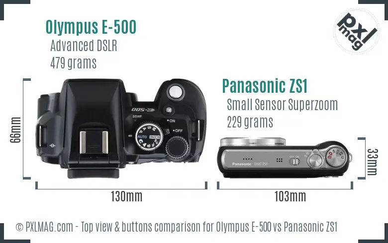 Olympus E-500 vs Panasonic ZS1 top view buttons comparison