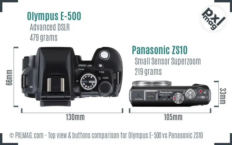 Olympus E-500 vs Panasonic ZS10 top view buttons comparison