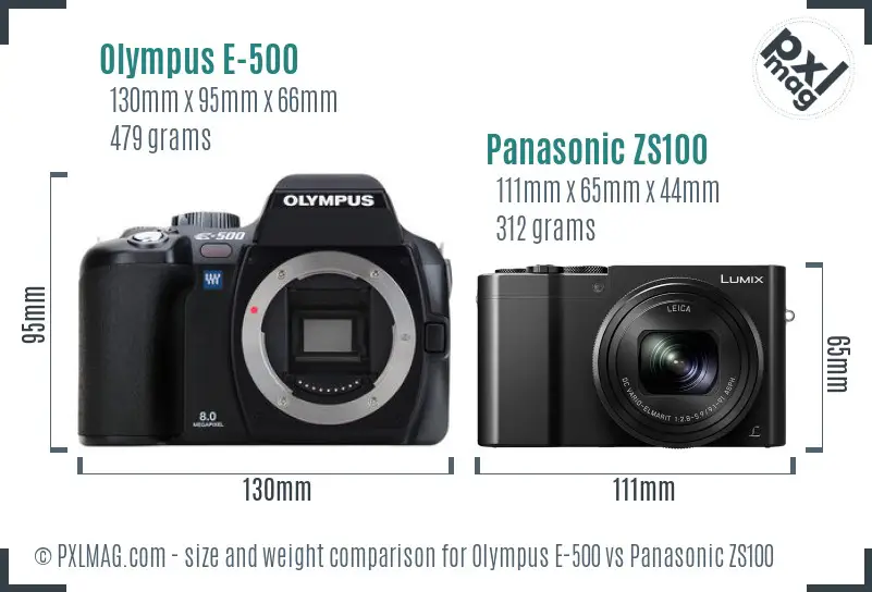 Olympus E-500 vs Panasonic ZS100 size comparison