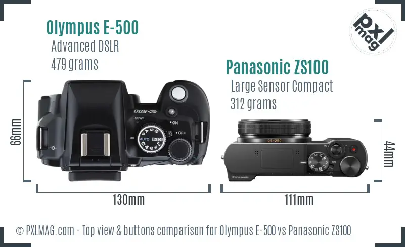 Olympus E-500 vs Panasonic ZS100 top view buttons comparison