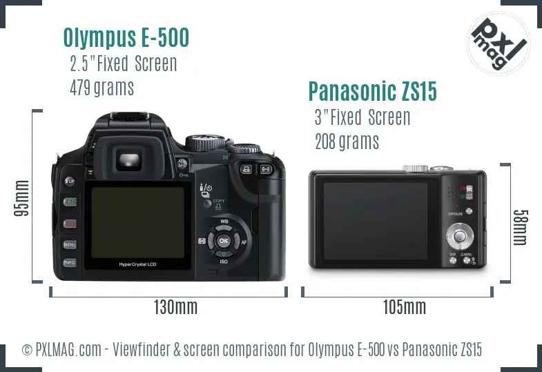 Olympus E-500 vs Panasonic ZS15 Screen and Viewfinder comparison