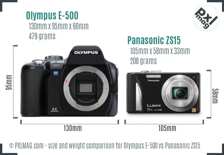 Olympus E-500 vs Panasonic ZS15 size comparison