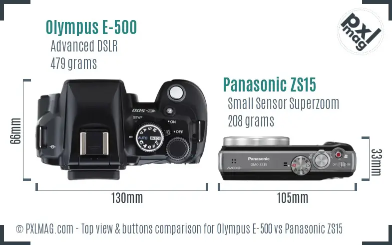 Olympus E-500 vs Panasonic ZS15 top view buttons comparison