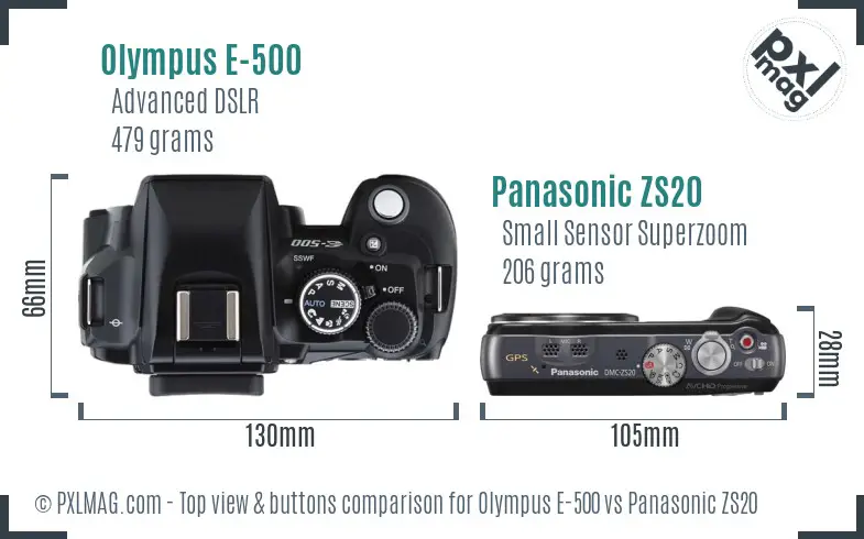 Olympus E-500 vs Panasonic ZS20 top view buttons comparison