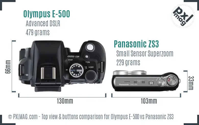 Olympus E-500 vs Panasonic ZS3 top view buttons comparison