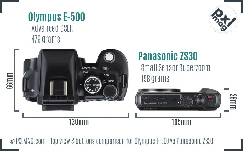 Olympus E-500 vs Panasonic ZS30 top view buttons comparison