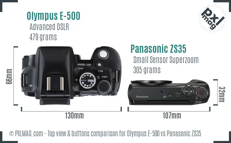 Olympus E-500 vs Panasonic ZS35 top view buttons comparison