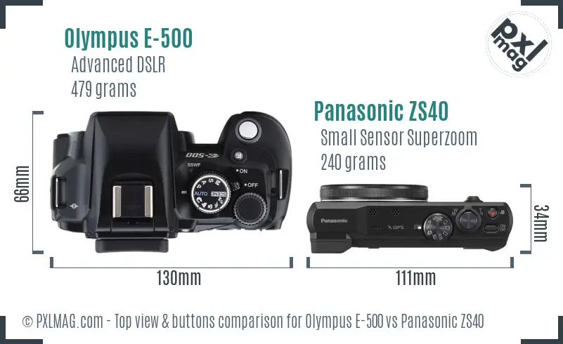 Olympus E-500 vs Panasonic ZS40 top view buttons comparison