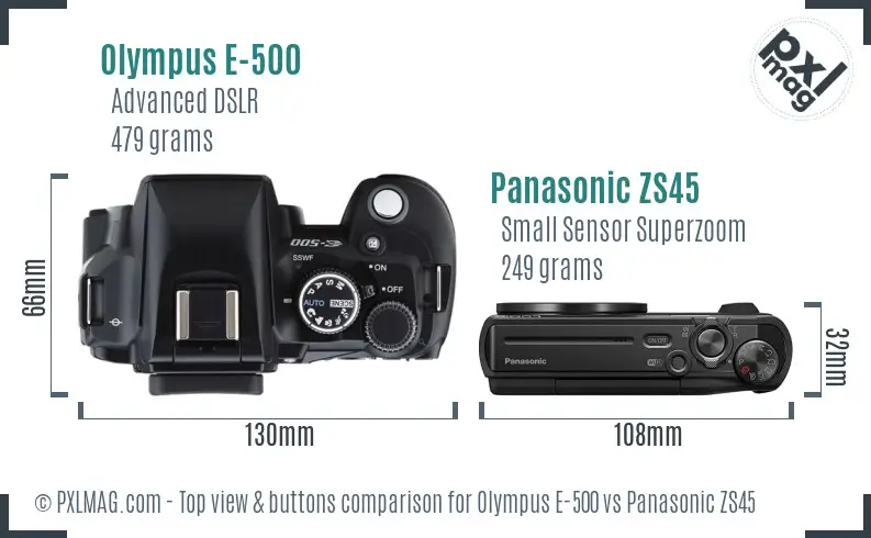 Olympus E-500 vs Panasonic ZS45 top view buttons comparison