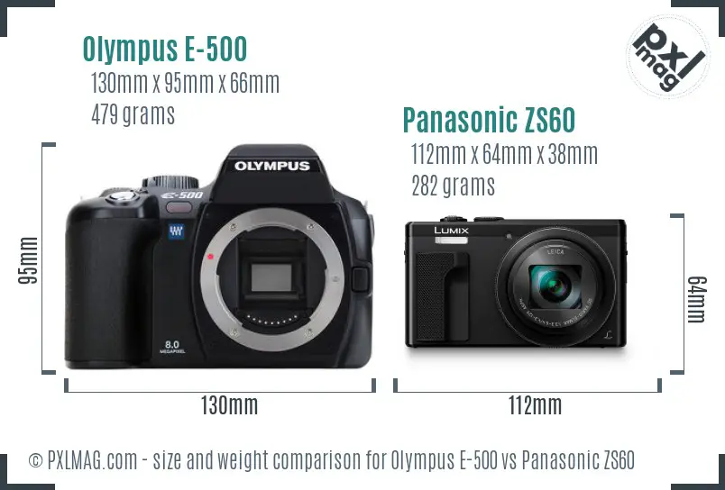 Olympus E-500 vs Panasonic ZS60 size comparison