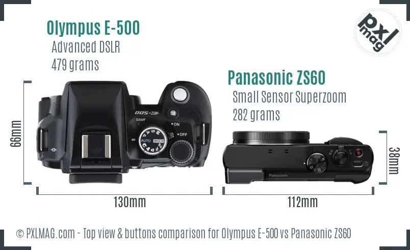 Olympus E-500 vs Panasonic ZS60 top view buttons comparison