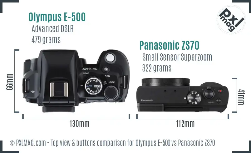 Olympus E-500 vs Panasonic ZS70 top view buttons comparison