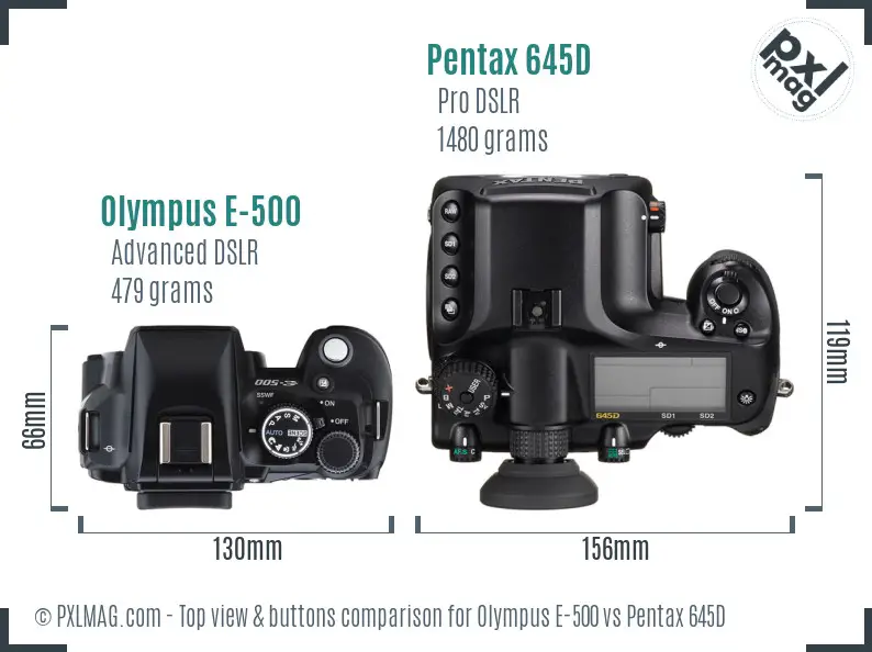 Olympus E-500 vs Pentax 645D top view buttons comparison