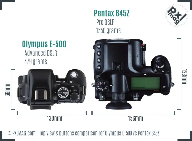 Olympus E-500 vs Pentax 645Z top view buttons comparison