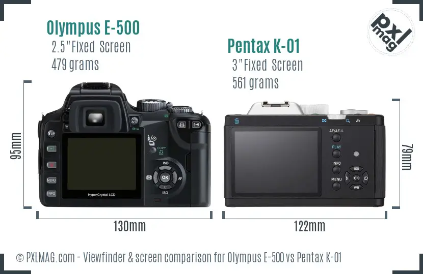 Olympus E-500 vs Pentax K-01 Screen and Viewfinder comparison