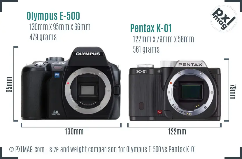 Olympus E-500 vs Pentax K-01 size comparison